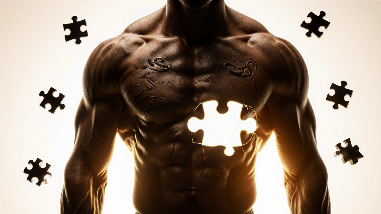 Human torso made of puzzle pieces, with missing parts symbolizing isolation exercises for muscle growth.