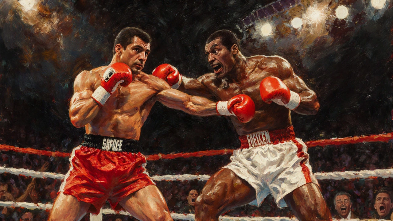 Joe Frazier landing a powerful hook on a weary George Foreman in a classic 1970s boxing match.