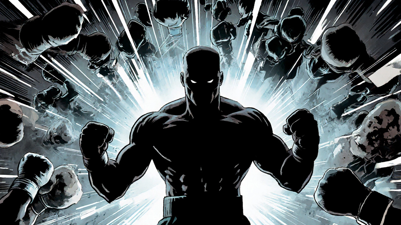 Silhouetted boxer moving forward through a storm of punch impacts, symbolizing relentless pressure.