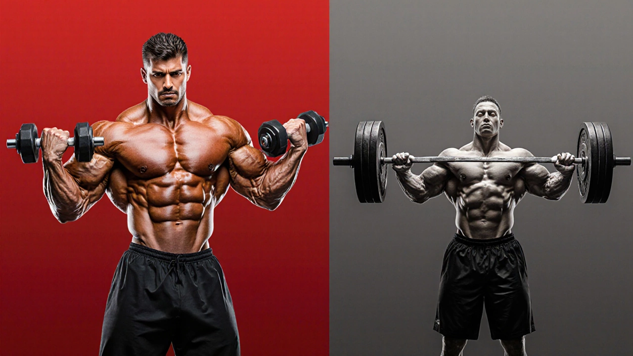 Split-screen comparison: bodybuilder with pumped arms vs. strength athlete with leaner build.