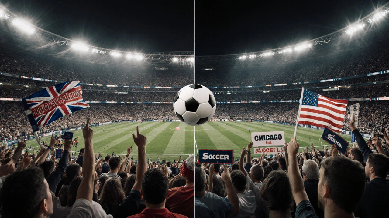 Split-screen: fans in London chant &#039;football&#039; while fans in Chicago say &#039;soccer&#039; — same game, different names.