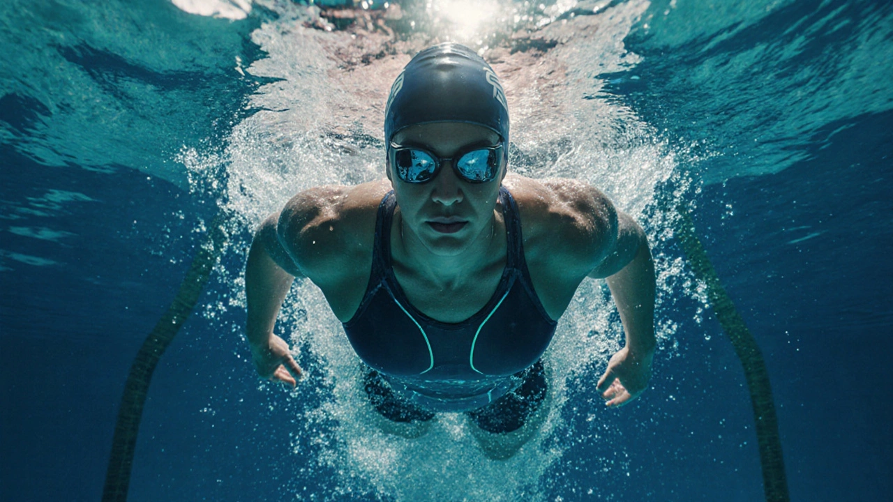 Swimmer gliding through water in a high-tech suit, sunlight shimmering on the pool surface above.