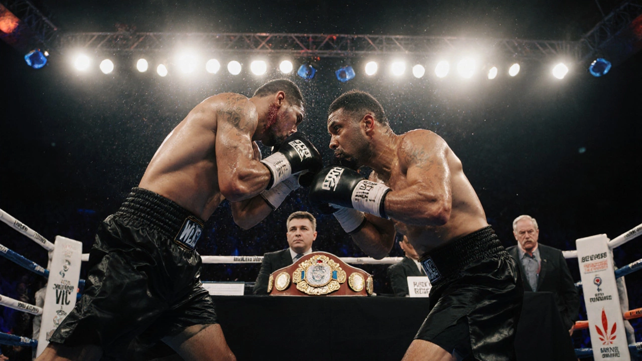 Two professional boxers in a tense clinch during a title fight, sweat and blood visible under bright lights.