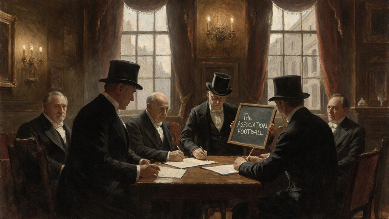 Victorian gentlemen signing the founding documents of The Football Association in London, 1863.
