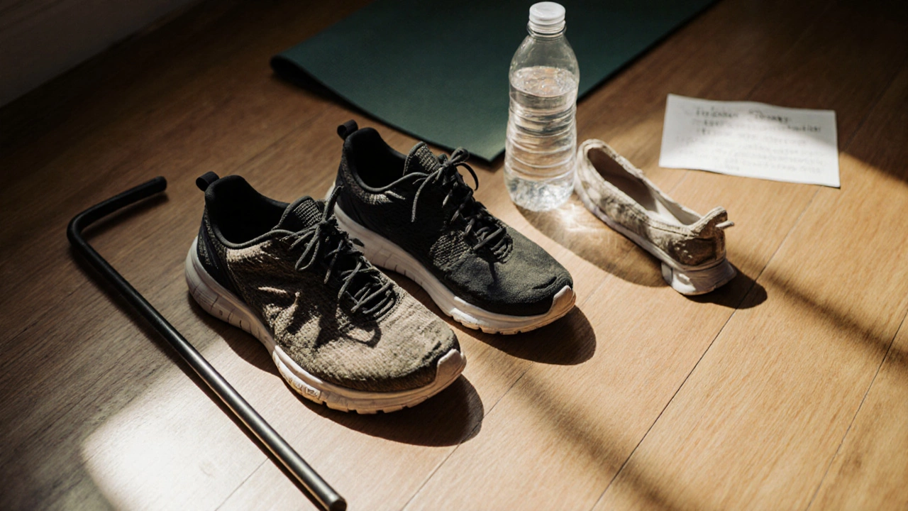 Worn Hoka Bondi shoes next to flat, discarded running shoes with cane and water bottle nearby.