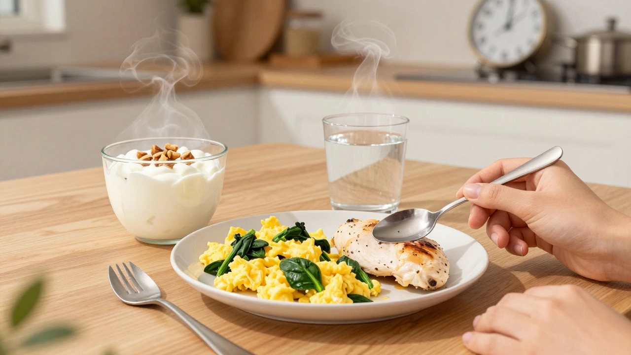 A balanced meal with eggs, yogurt, and chicken on a wooden table, steaming gently under soft kitchen light.