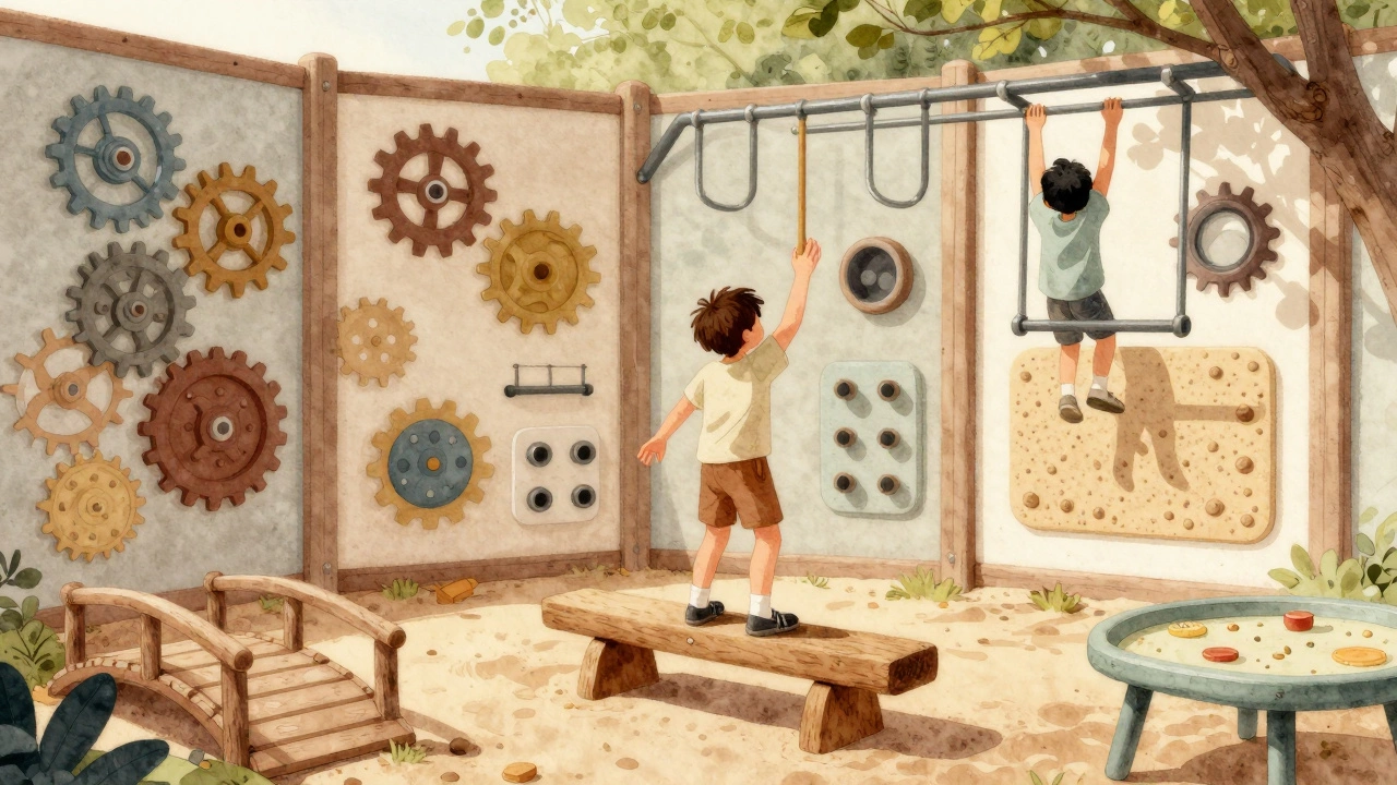 A child balancing on a beam while others explore sensory panels and natural play elements like log bridges.