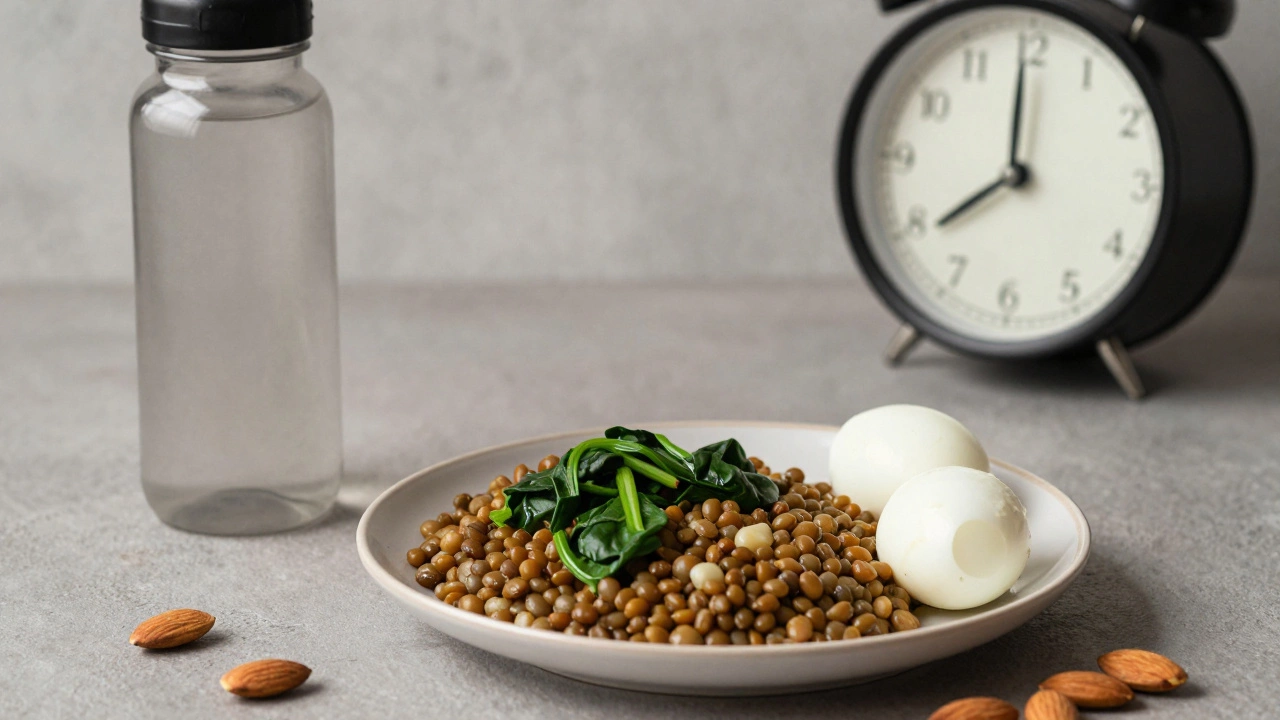 A daily meal setup with lentils, spinach, almonds, and an egg beside a water bottle, suggesting consistent healthy eating.