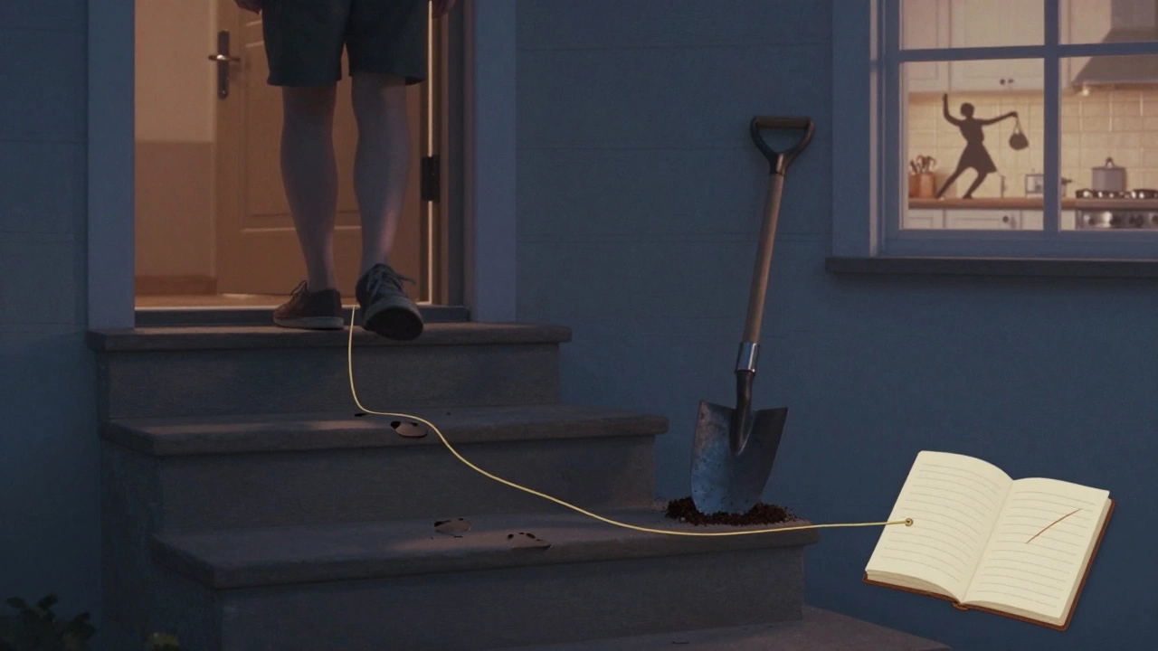 A person&#039;s daily movements visualized as footsteps, gardening tools, and dancing silhouettes connected by a golden thread.