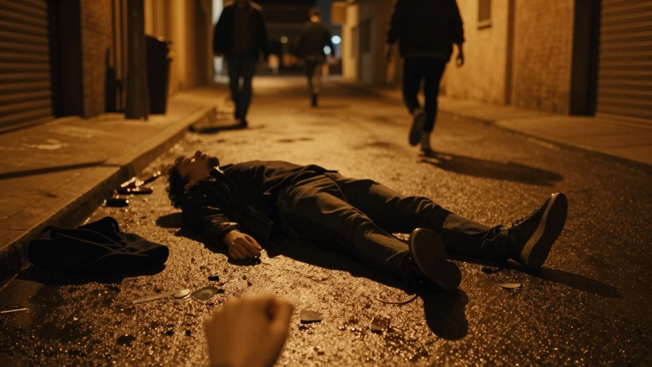 A person lying unconscious in a dark alley after a street fight, broken glass and clothing scattered around.