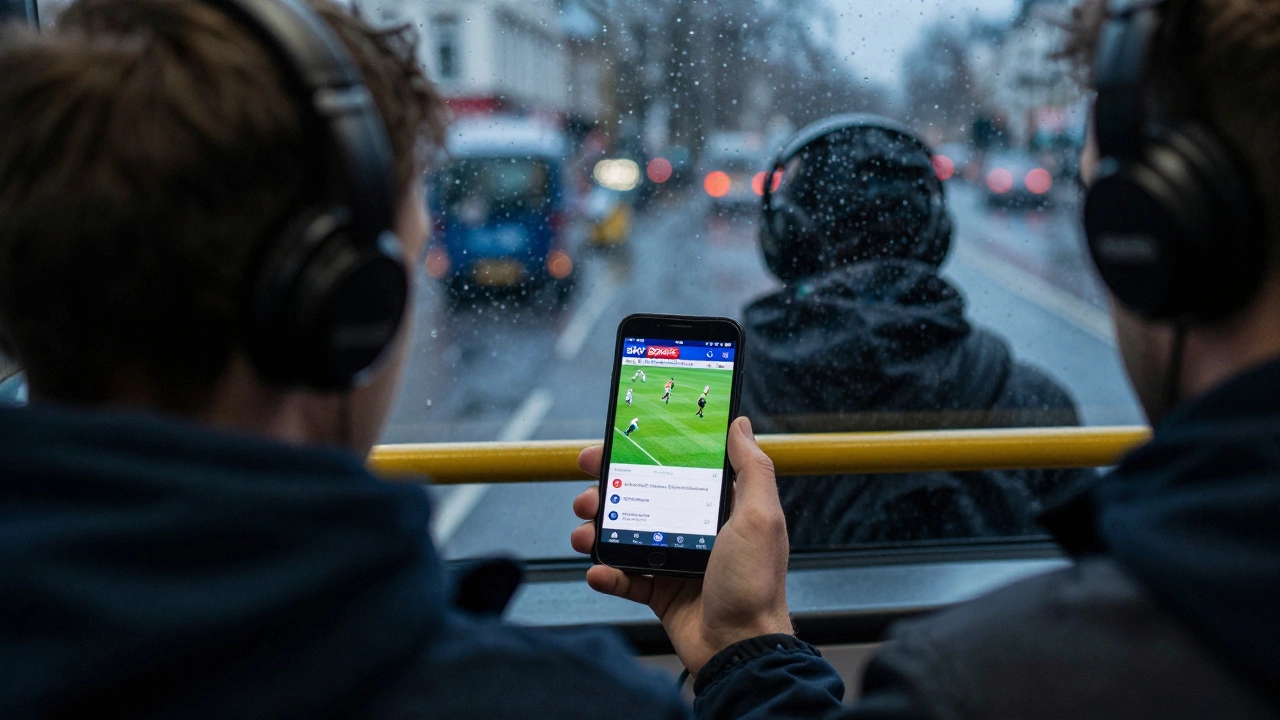 A person watching a live rugby game on their phone while riding a rainy London bus.