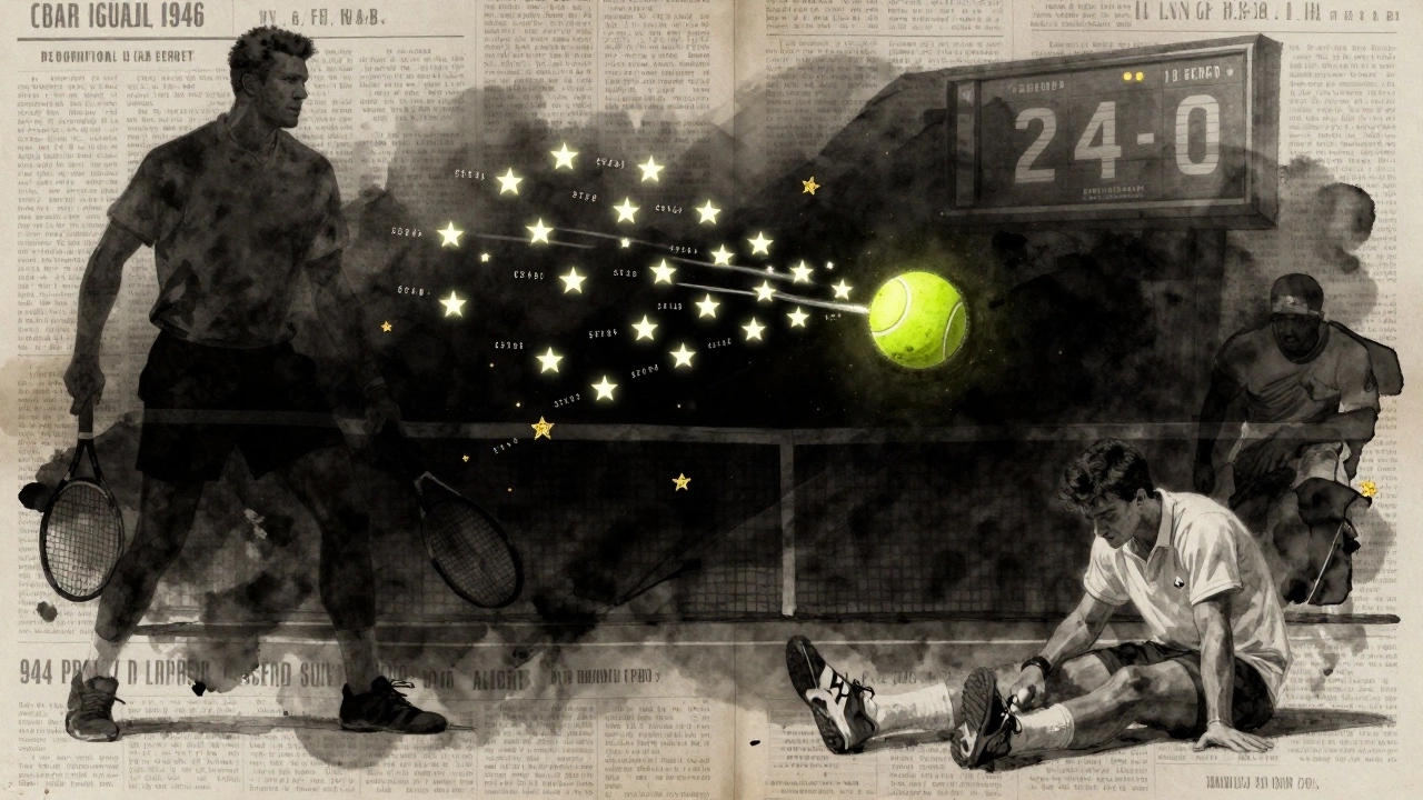 A tennis ball streaking with 22 ace trails against a dark background, symbolizing a perfect match.