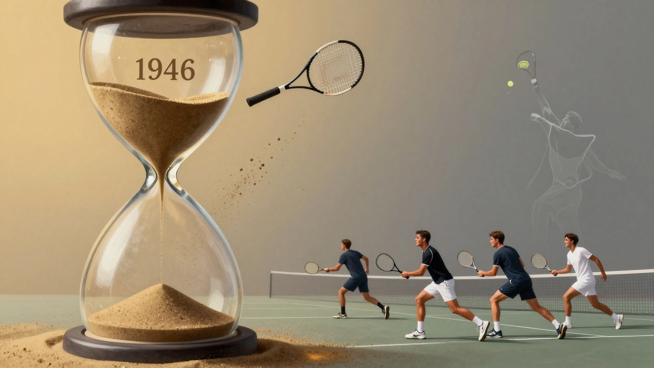 An hourglass with tennis racket falling through sand, contrasting 1946 speed with modern slow rallies.
