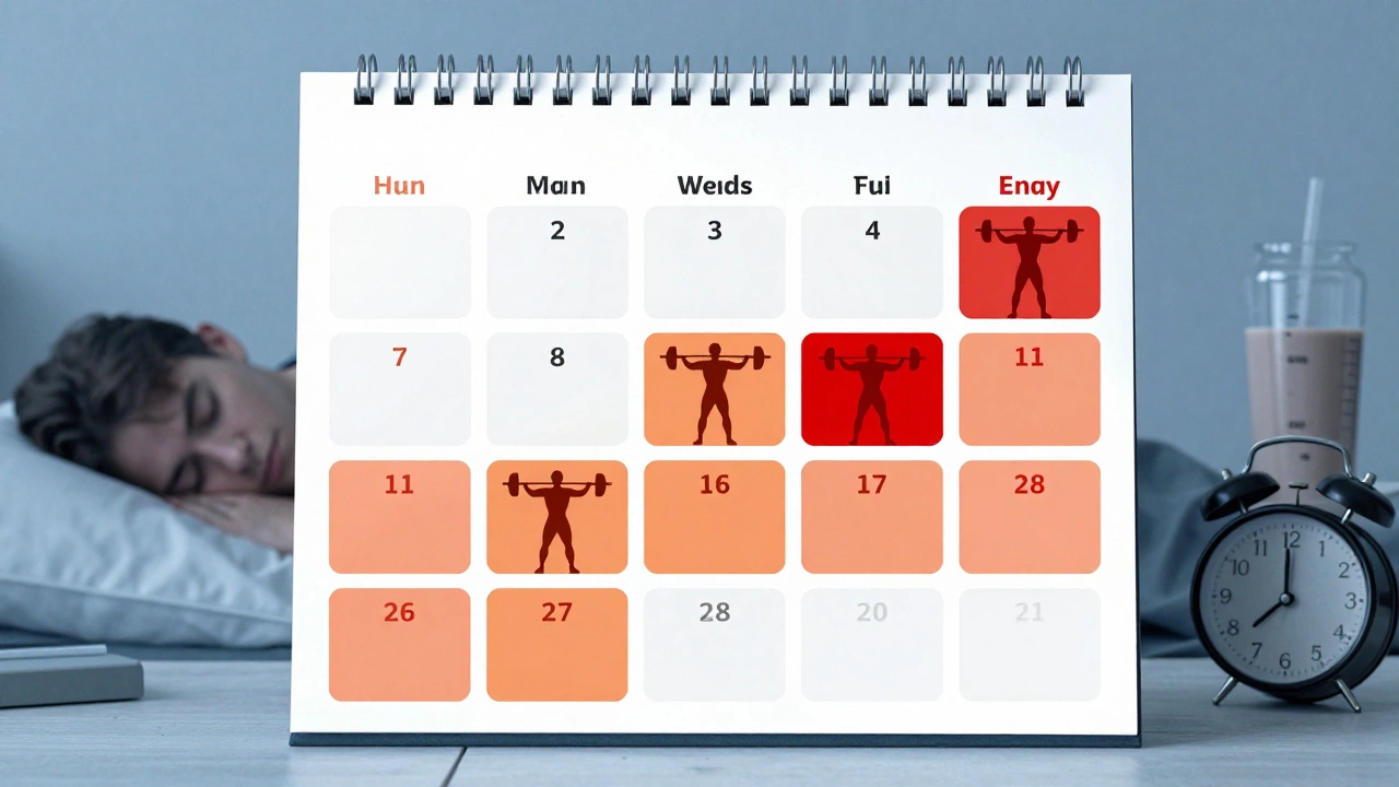 Calendar showing three workout days in red, rest days in blue, with sleep and nutrition symbols nearby.