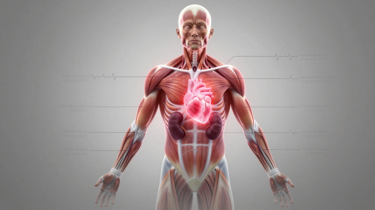 Cross-section of a runner's body showing internal stress during a marathon with glowing energy pathways.