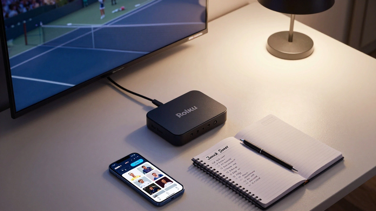 Desk with ESPN+ app open on phone and streaming device, surrounded by tennis notes.