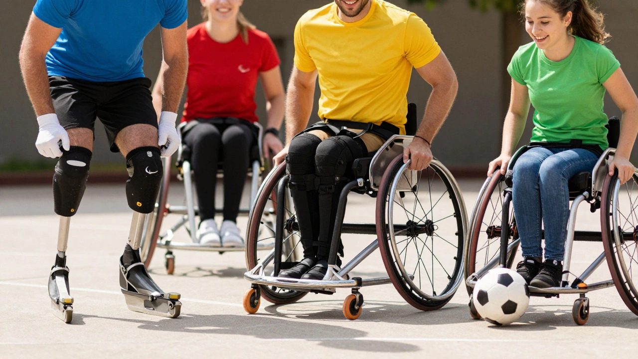 Diverse group using adaptive sports equipment including prosthetic blades and wheelchair.