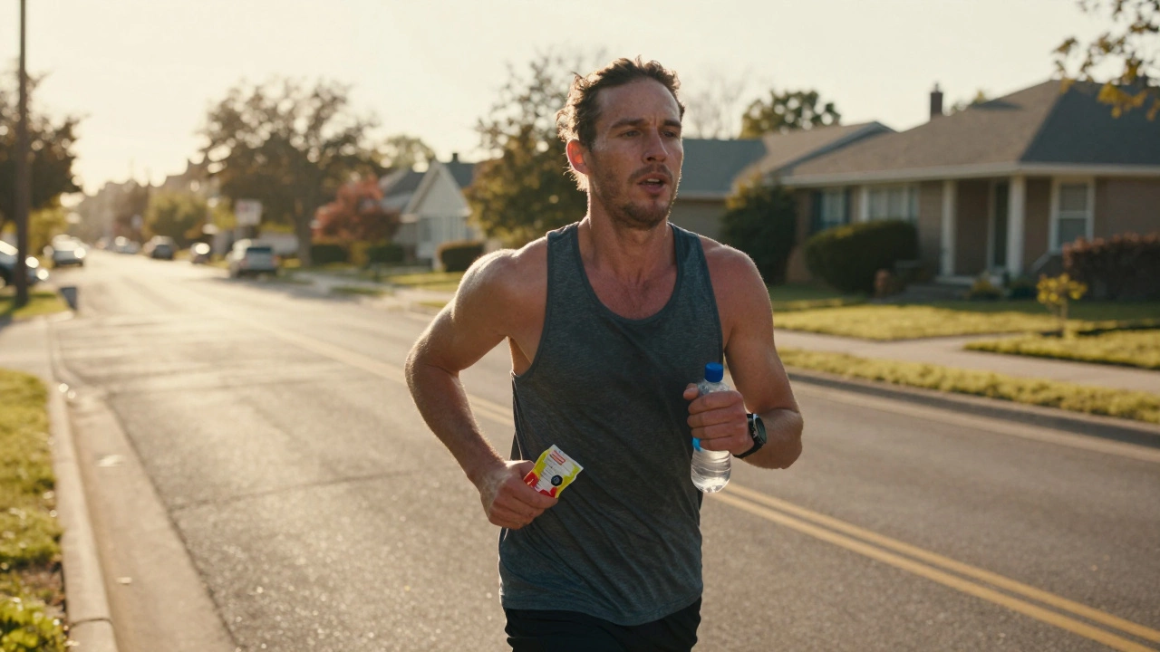 Fatigued runner at mile 12 of a long training run, holding a gel and water bottle.