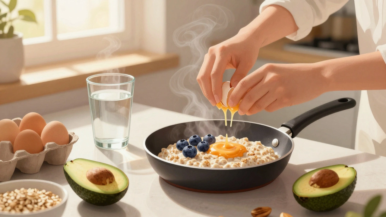 Hands preparing oatmeal with berries and almond butter beside eggs and water in a sunlit kitchen.