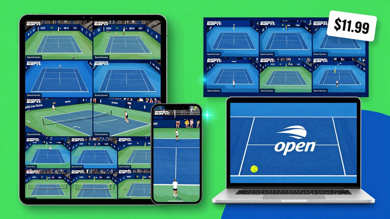 Multiple screens showing different tennis matches from ESPN+ tournament coverage.