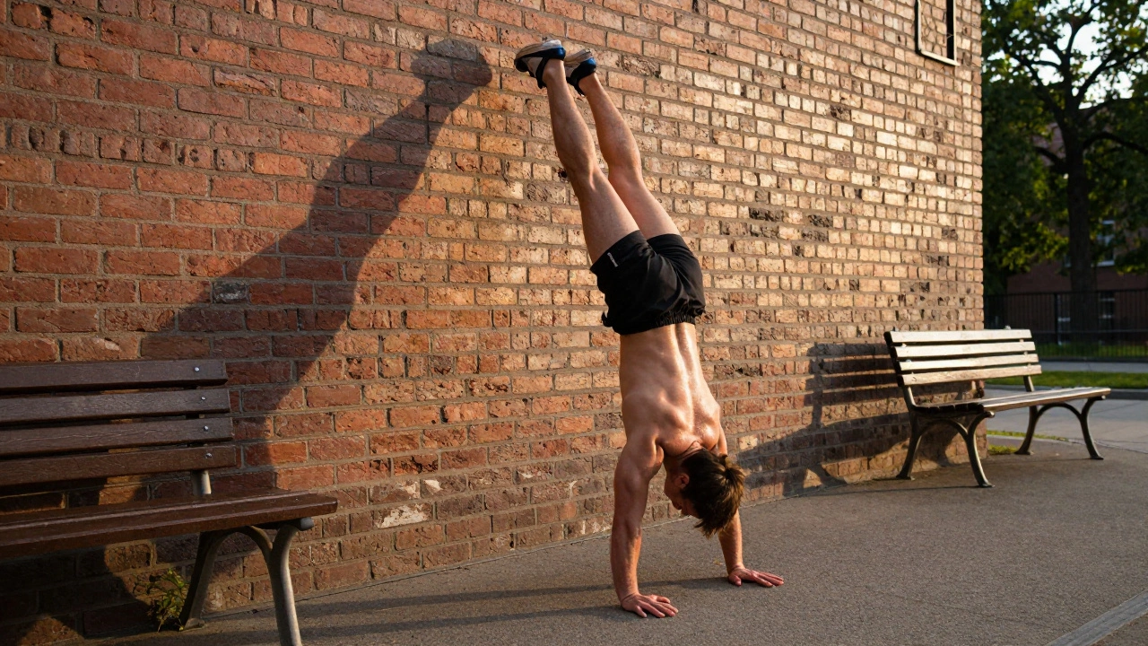 Person doing a handstand push-up against a brick wall, no equipment used.