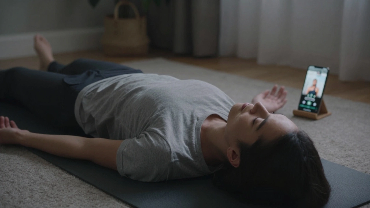 Person lying still in Corpse Pose on a carpet, eyes closed, peaceful and relaxed.