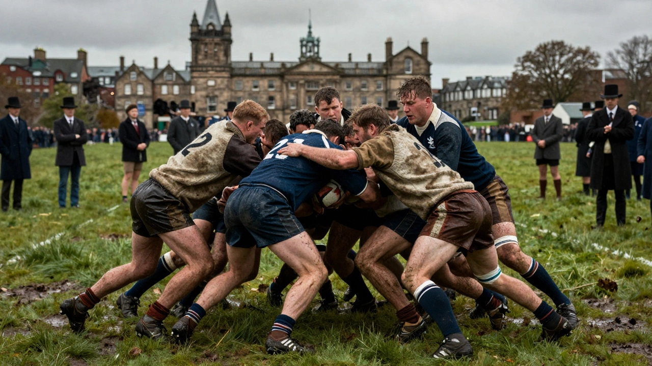 Players in muddy uniforms compete in the first international rugby match in Edinburgh, 1871.