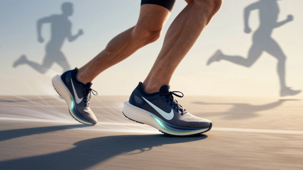 Runner with glowing carbon fiber shoe sole mid-stride, energy lines radiating from foot.