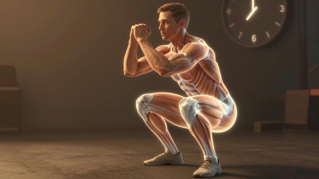 Silhouette of a person squatting with glowing muscle groups illuminated in a dim room.
