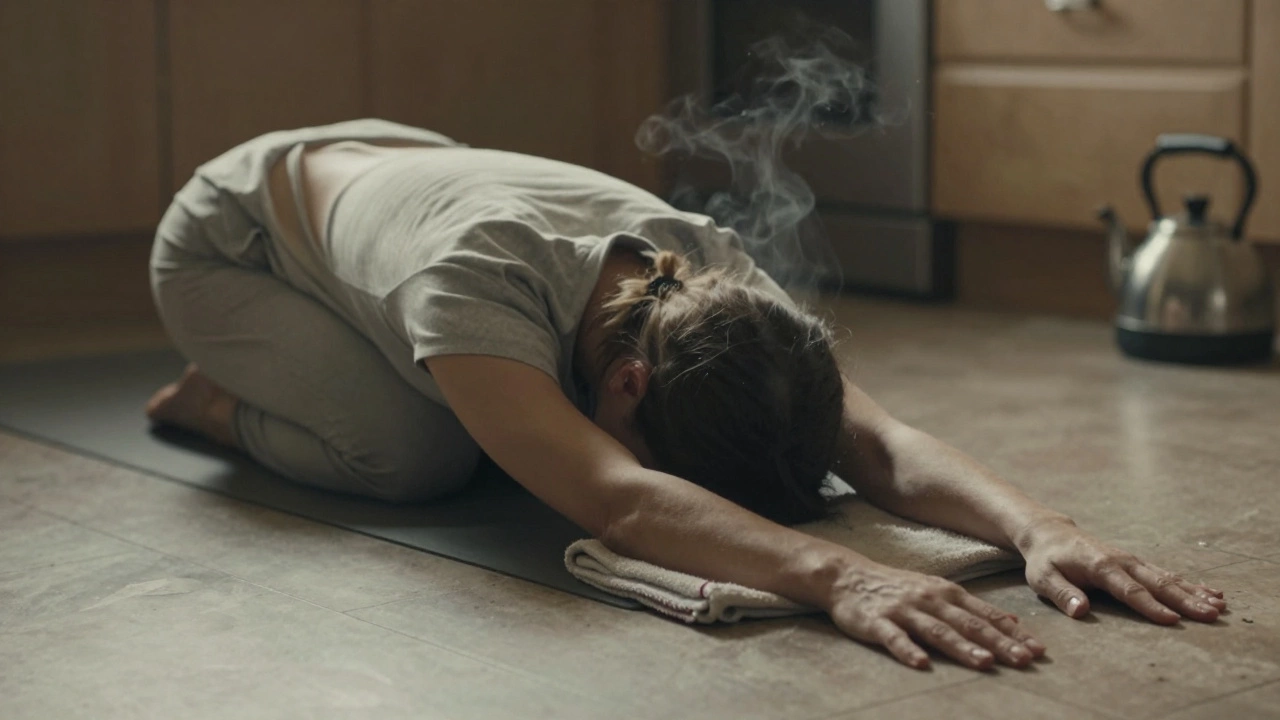Someone in Child’s Pose on a kitchen floor with a towel under their forehead.