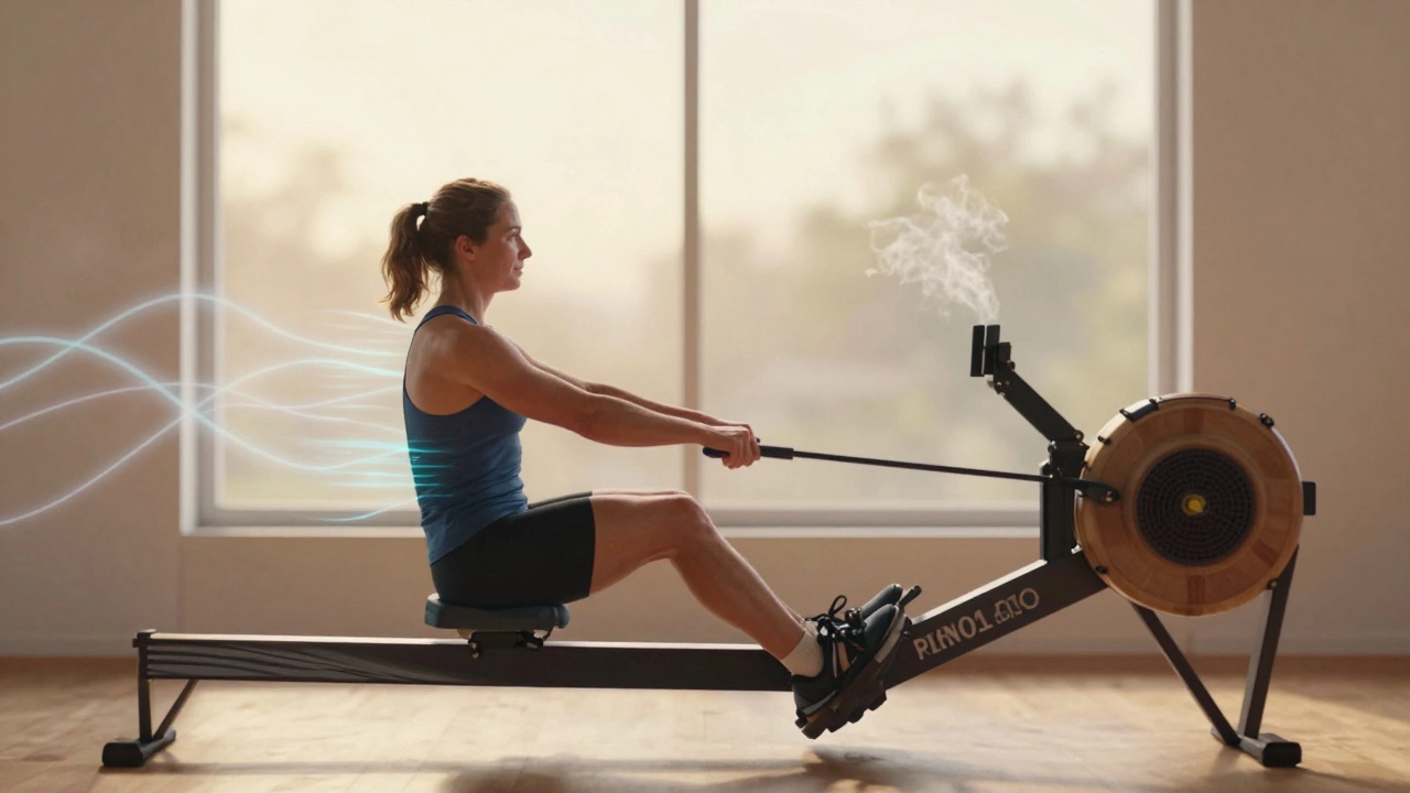 Someone rowing at dawn with golden light, full-body motion, steam rising from exertion.