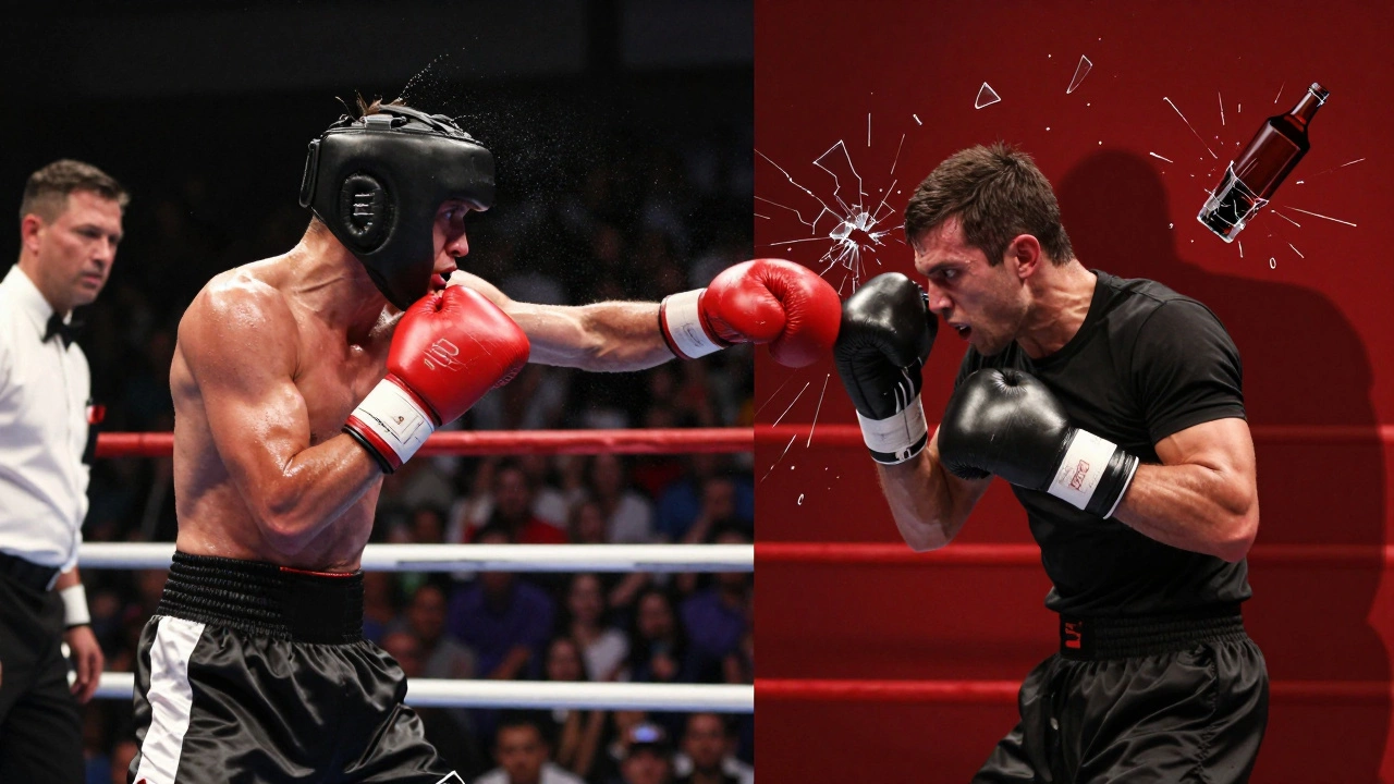 Split image contrasting a boxer in a ring with controlled technique versus a person in street clothes in violent chaos.