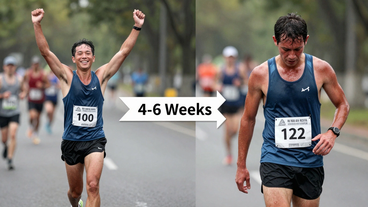 Split image: runner celebrating at 11 miles vs. struggling at 12 miles during a half marathon.
