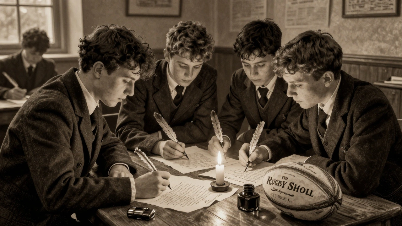Students in 1845 write the first official rugby rules on parchment at a wooden table.