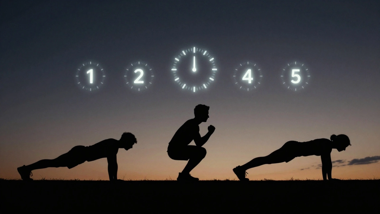 Three silhouettes performing push-ups, squats, and planks with glowing time markers between them.