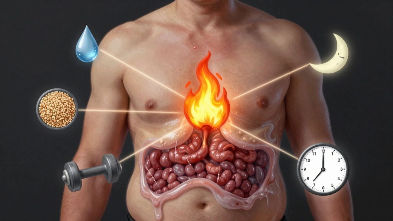 Transparent torso showing visceral fat melting away surrounded by symbols of healthy lifestyle habits.