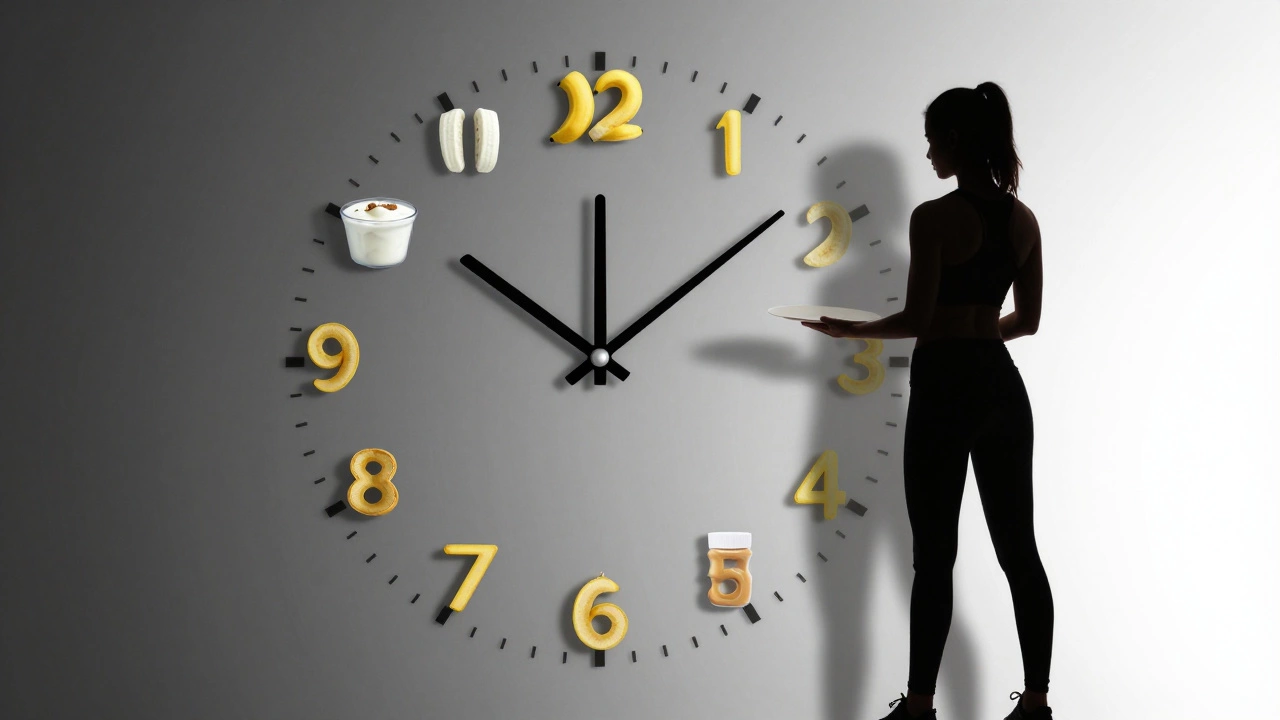 A clock face with food items as hour markers, a shadowy figure holding an empty plate nearby.