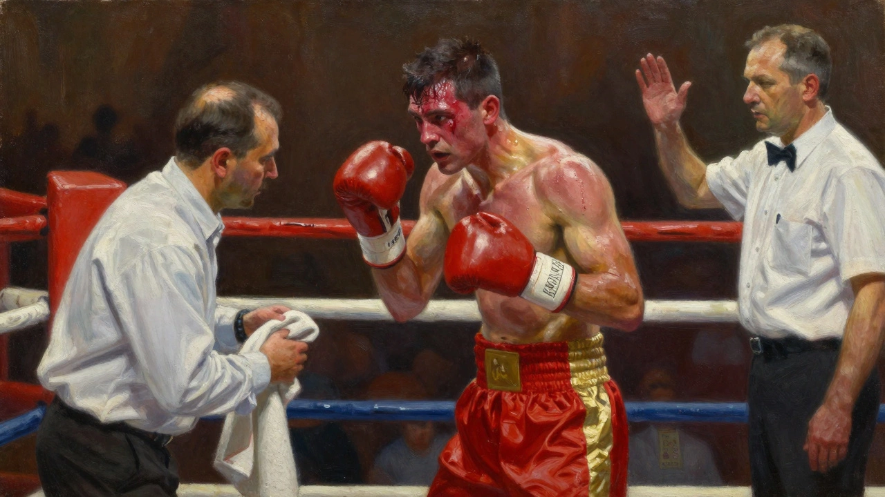 Boxer in corner with trainer and doctor assessing injuries between rounds.