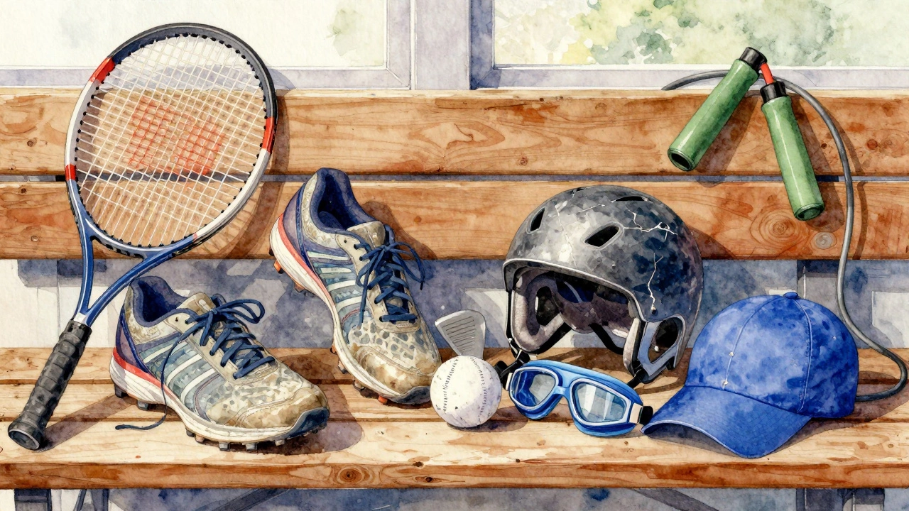 Collection of worn sports gear on a wooden bench: shoes, helmet, racket, cleats, and goggles.