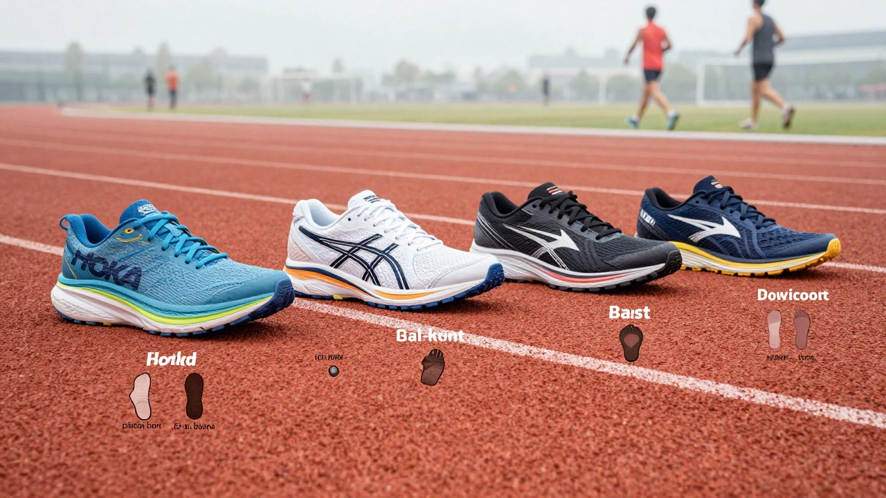 Four types of running shoes arranged on a track, showing different support levels.