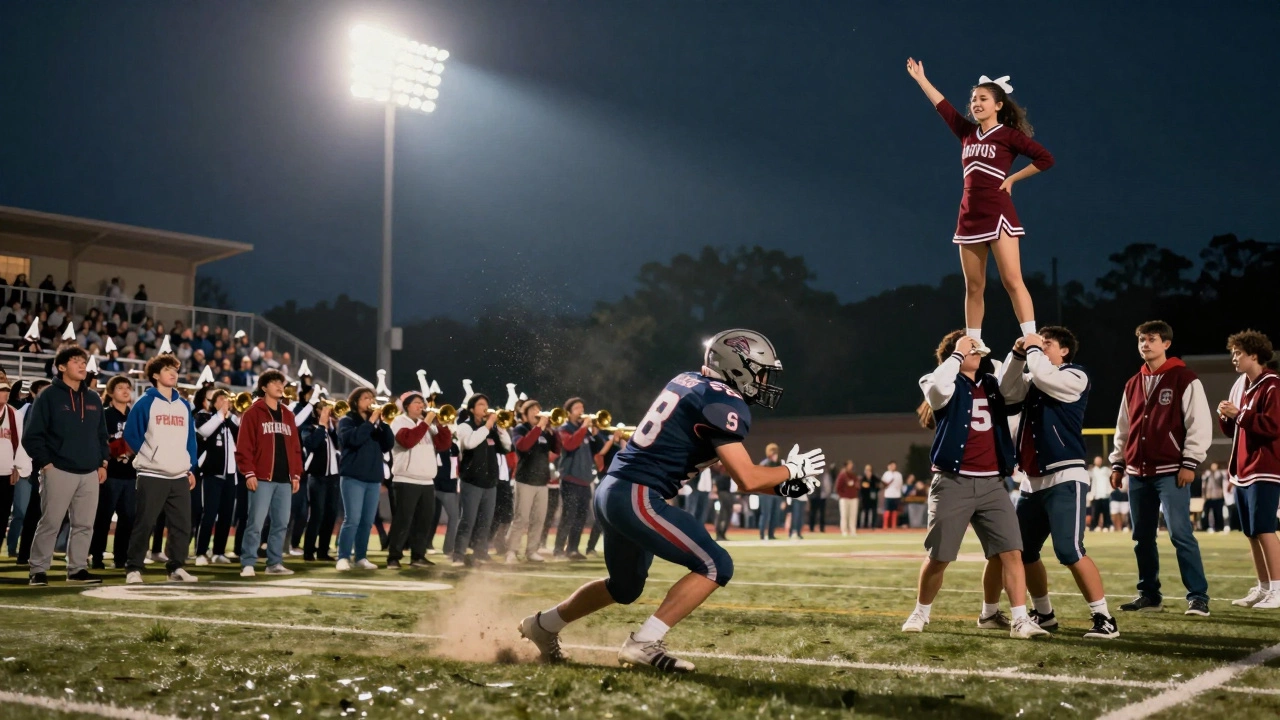 High school football game under stadium lights with marching band and crowd in full spirit.