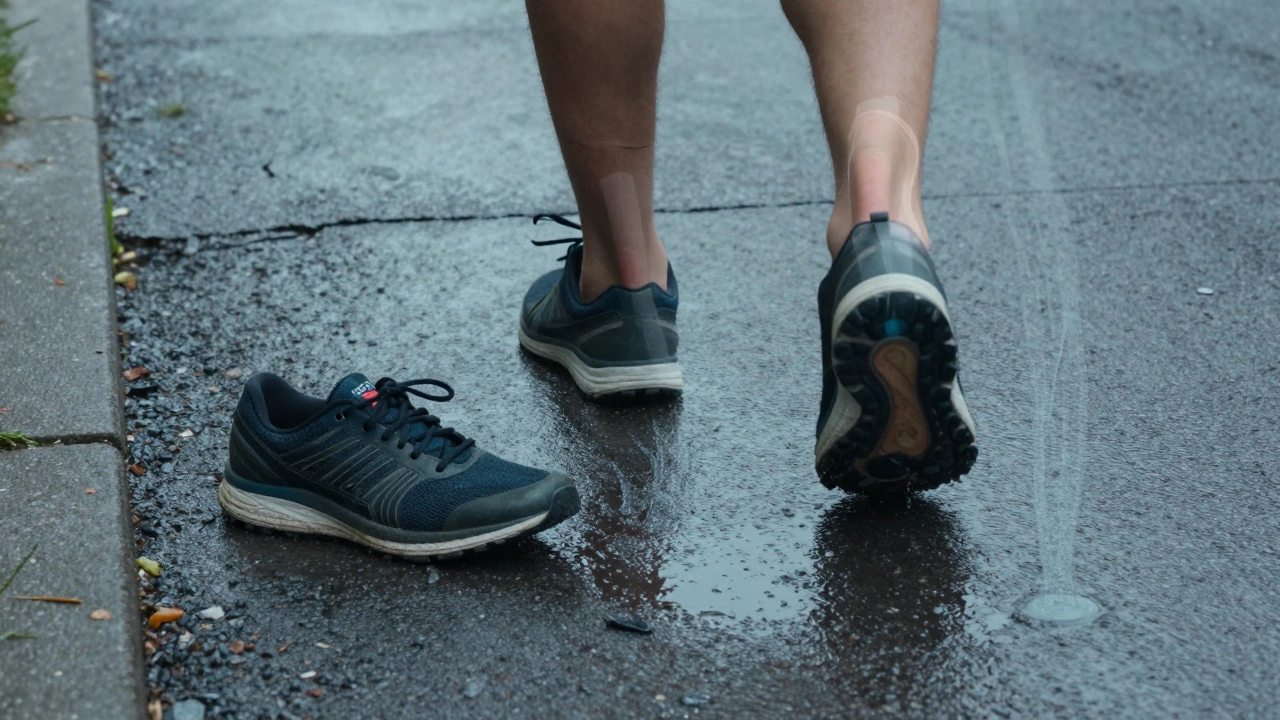 Person walking on wet sidewalk in walking shoe, abandoned running shoe in puddle nearby.