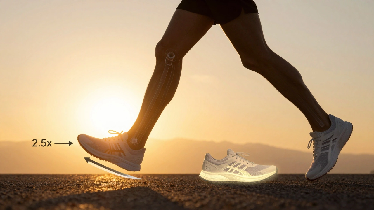 Silhouette of runner with biomechanical forces overlaid, shoes blending into foot.