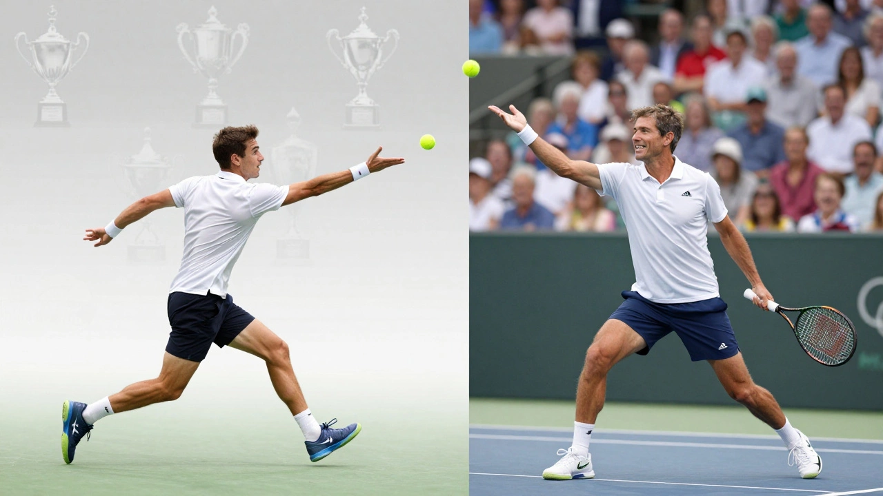 Split-image showing contrasting tennis styles: aggressive youth vs. strategic older player on court.