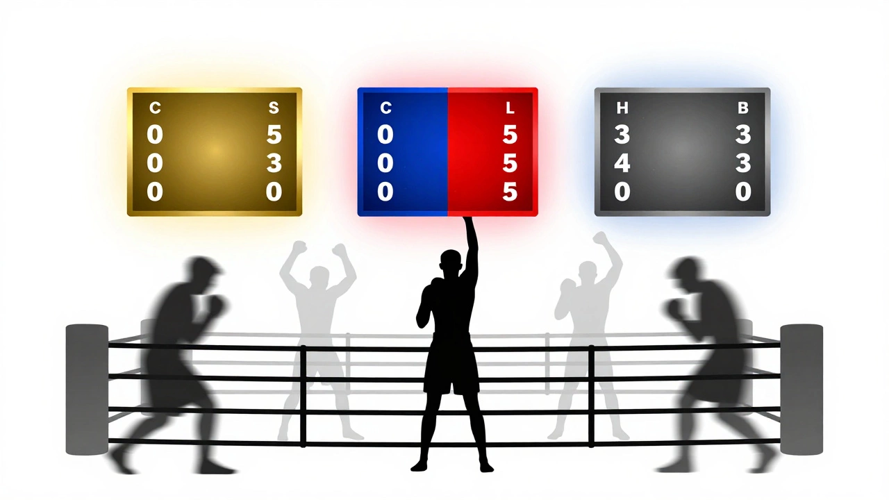 Three scorecards floating above a ring, representing different types of decision wins.