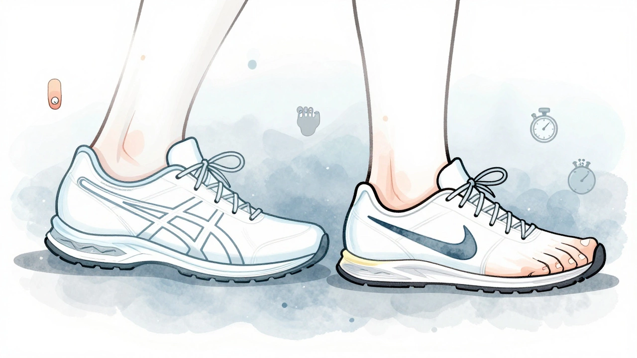 Transparent shoe outlines comparing foot space in Asics versus Nike with visual indicators of pressure points.