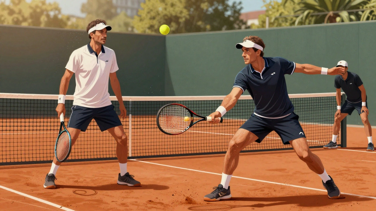 Two middle-aged players competing in a doubles match, one at the net, one deep in the baseline.