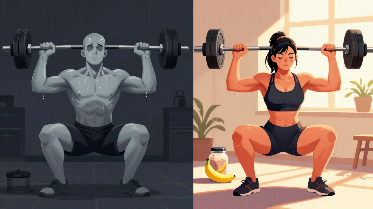 Two side-by-side figures: one weak and drained, the other strong and energized during a workout.
