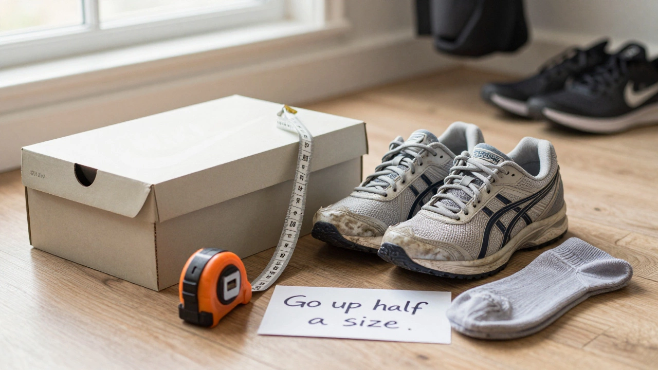 Worn Asics shoes beside a new Nike box with a measuring tape highlighting size difference.