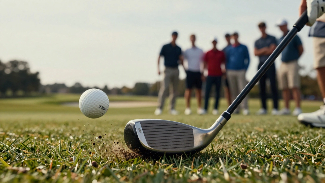 A golf club strikes the hosel, sending the ball flying sideways as other players watch in the distance.